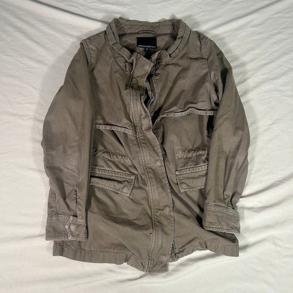 Banana Republic Twill Ruffle Army Jacket XS Olive Green Utility Field Coat